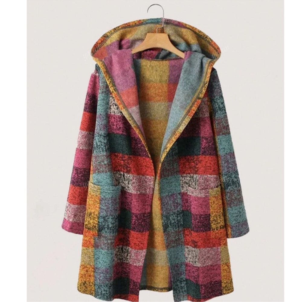 Colorful Brushed Fabric Checkered Plaid Pockets Hoodie Jacket Coat S M L XL